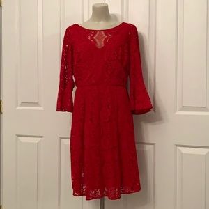 Red lace midi aline dress 3/4 flared sleeves